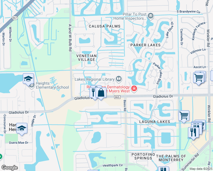 map of restaurants, bars, coffee shops, grocery stores, and more near 9906 Periwinkle Preserve Lane in Fort Myers