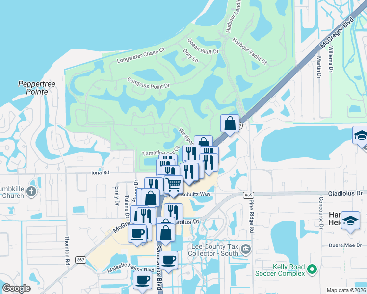 map of restaurants, bars, coffee shops, grocery stores, and more near 11260 Jacana Court in Fort Myers