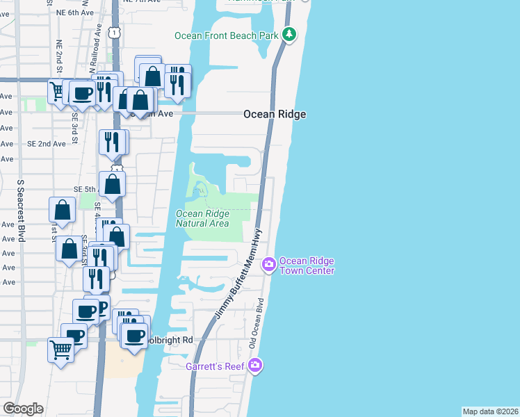 map of restaurants, bars, coffee shops, grocery stores, and more near in Ocean Ridge