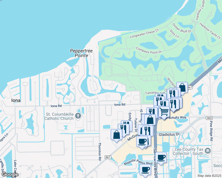 map of restaurants, bars, coffee shops, grocery stores, and more near 15193 Seabreeze Cove Circle in Fort Myers
