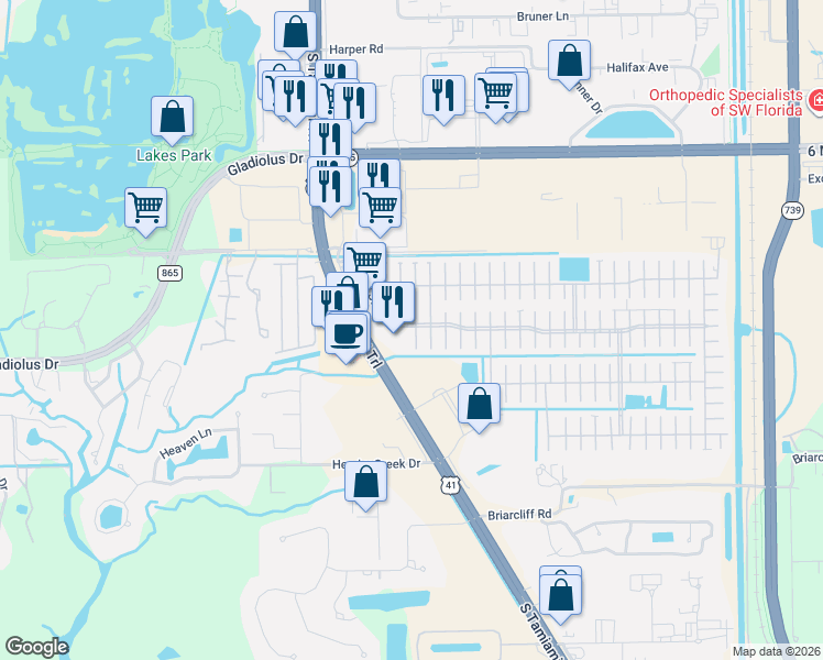 map of restaurants, bars, coffee shops, grocery stores, and more near 33 Esper Court in Fort Myers