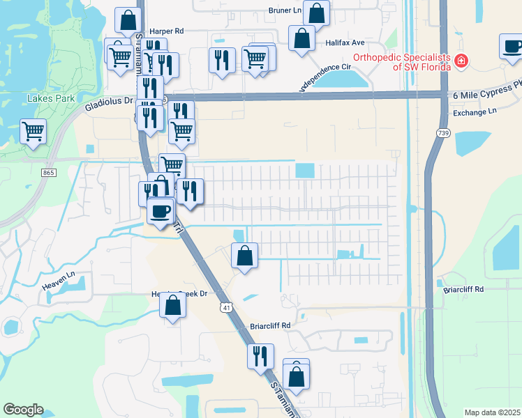 map of restaurants, bars, coffee shops, grocery stores, and more near 62 Jima Court in Fort Myers