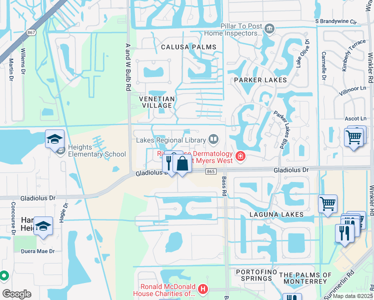 map of restaurants, bars, coffee shops, grocery stores, and more near 9652 Windsor Gardens Lane in Fort Myers