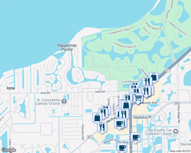 map of restaurants, bars, coffee shops, grocery stores, and more near 15173 Seabreeze Cove Circle in Fort Myers