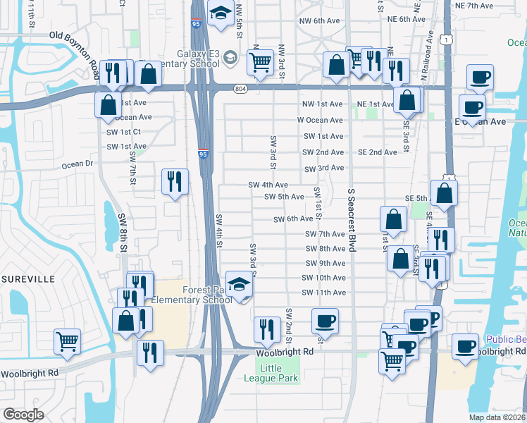 map of restaurants, bars, coffee shops, grocery stores, and more near 326 Southwest 5th Lane in Boynton Beach
