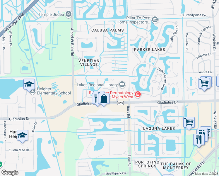 map of restaurants, bars, coffee shops, grocery stores, and more near 9906 Periwinkle Preserve Lane in Fort Myers