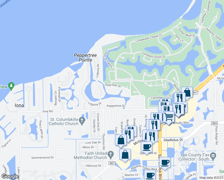 map of restaurants, bars, coffee shops, grocery stores, and more near 11800 Seabreeze Cove Lane in Fort Myers