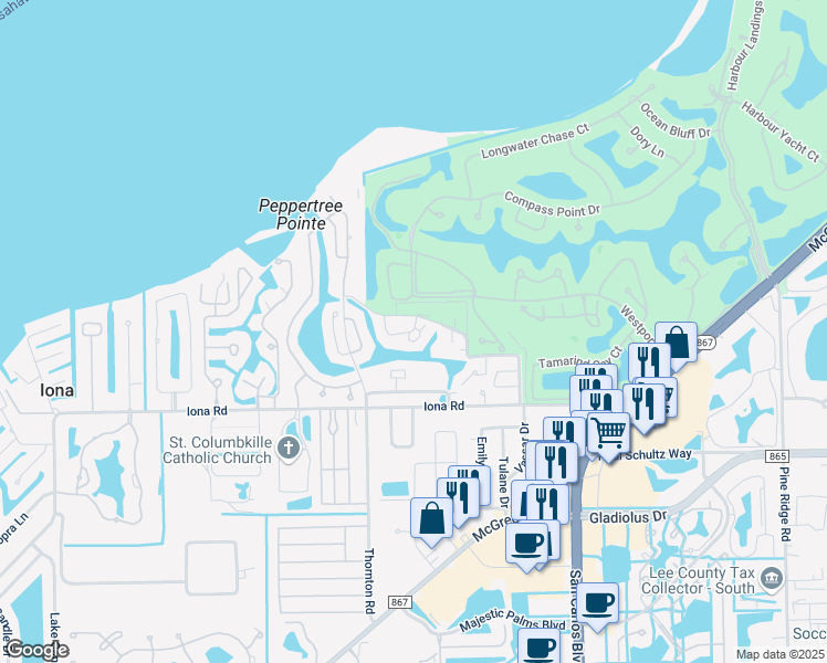 map of restaurants, bars, coffee shops, grocery stores, and more near 11912 Quail Run Drive in Fort Myers