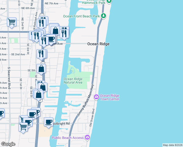 map of restaurants, bars, coffee shops, grocery stores, and more near in Ocean Ridge