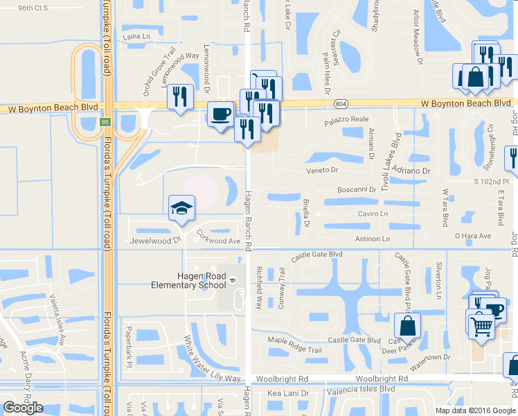 map of restaurants, bars, coffee shops, grocery stores, and more near 7397 Sarentino Lane in Boynton Beach