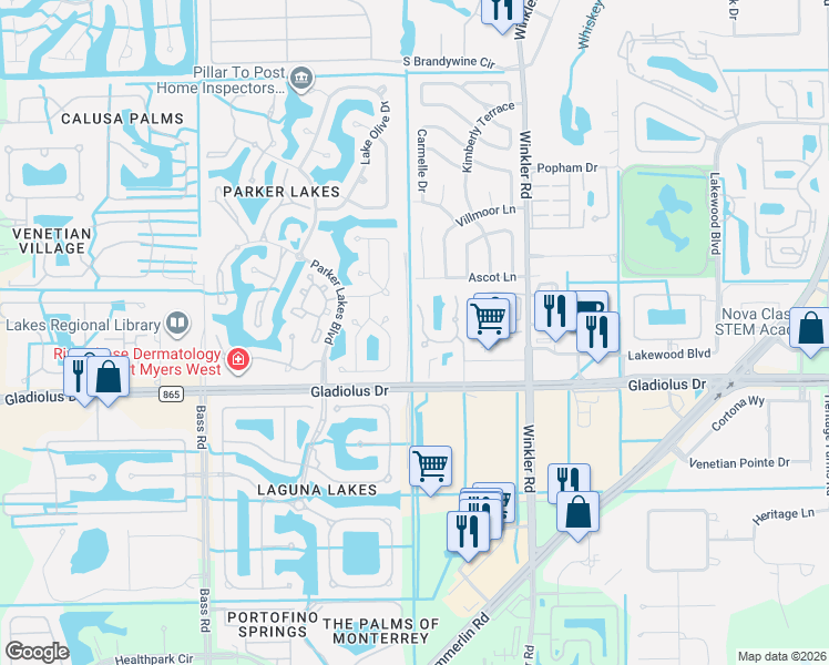 map of restaurants, bars, coffee shops, grocery stores, and more near 15130 Royal Windsor Lane in Fort Myers