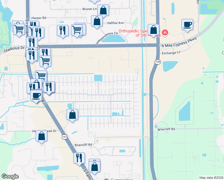 map of restaurants, bars, coffee shops, grocery stores, and more near 16 Quanery Court in Fort Myers