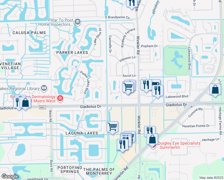 map of restaurants, bars, coffee shops, grocery stores, and more near 15141 Royal Windsor Lane in Fort Myers