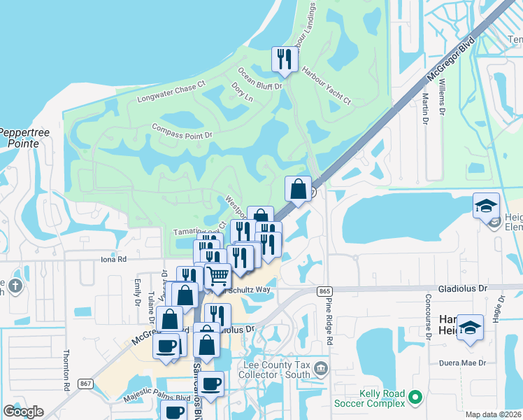 map of restaurants, bars, coffee shops, grocery stores, and more near 14967 Rivers Edge Court in Fort Myers