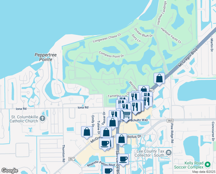 map of restaurants, bars, coffee shops, grocery stores, and more near 14714 Olde Millpond Court in Fort Myers