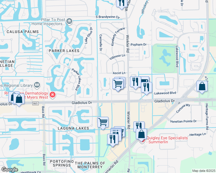 map of restaurants, bars, coffee shops, grocery stores, and more near 15201 Royal Windsor Lane in Fort Myers