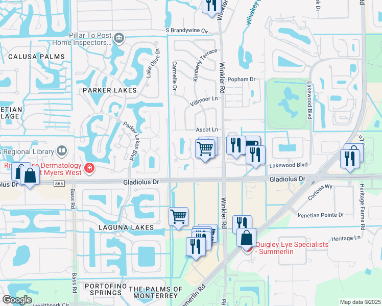 map of restaurants, bars, coffee shops, grocery stores, and more near Royal Windsor Lane in Fort Myers