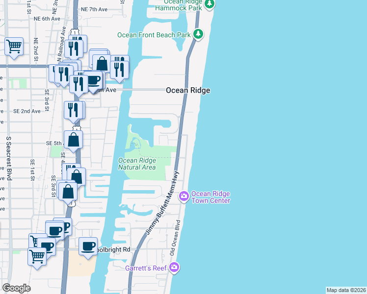map of restaurants, bars, coffee shops, grocery stores, and more near 6102 North Ocean Boulevard in Ocean Ridge