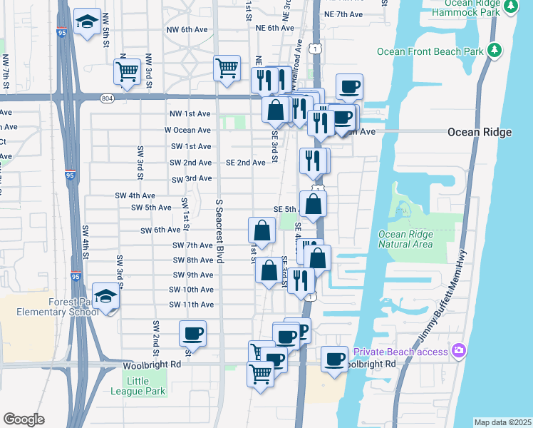 map of restaurants, bars, coffee shops, grocery stores, and more near 225 Southeast 5th Avenue in Boynton Beach