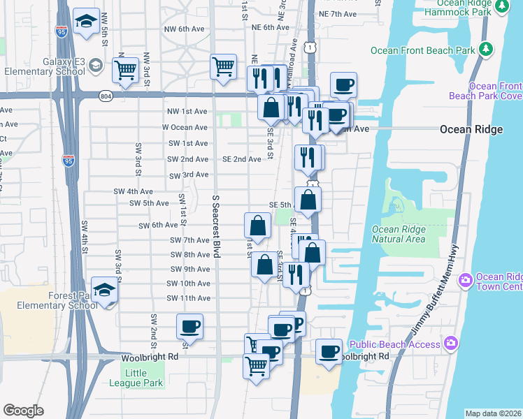 map of restaurants, bars, coffee shops, grocery stores, and more near 225 Southeast 5th Avenue in Boynton Beach