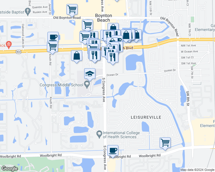 map of restaurants, bars, coffee shops, grocery stores, and more near 300 Southwest Golfview Terrace in Boynton Beach