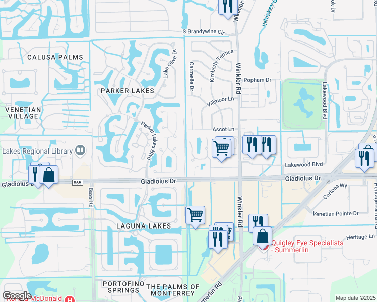 map of restaurants, bars, coffee shops, grocery stores, and more near 15141 Royal Windsor Lane in Fort Myers
