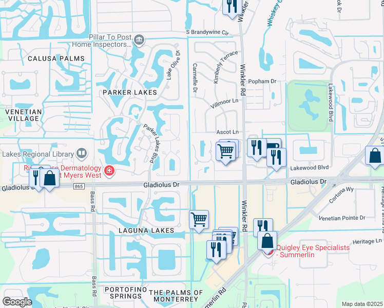 map of restaurants, bars, coffee shops, grocery stores, and more near 15141 Royal Windsor Lane in Fort Myers