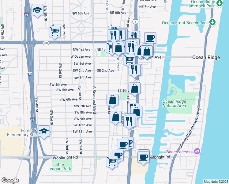 map of restaurants, bars, coffee shops, grocery stores, and more near 225 Southeast 5th Avenue in Boynton Beach