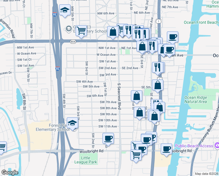 map of restaurants, bars, coffee shops, grocery stores, and more near 532 Southwest 1st Street in Boynton Beach