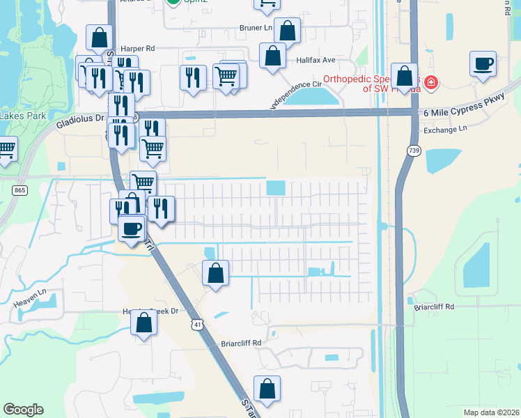 map of restaurants, bars, coffee shops, grocery stores, and more near 18 Moa Court in Fort Myers
