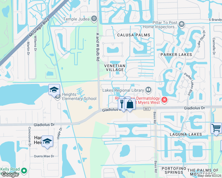 map of restaurants, bars, coffee shops, grocery stores, and more near 9969 Palmarrosa Way in Fort Myers