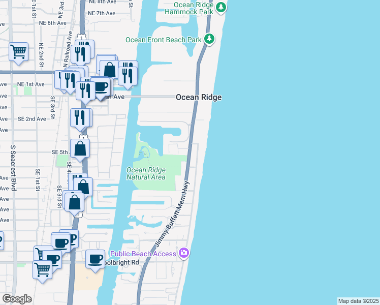 map of restaurants, bars, coffee shops, grocery stores, and more near 6103 Jimmy Buffett Memorial Highway in Ocean Ridge