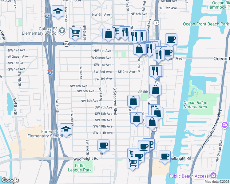 map of restaurants, bars, coffee shops, grocery stores, and more near S Seacrest Blvd & SE 5th Ave in Boynton Beach