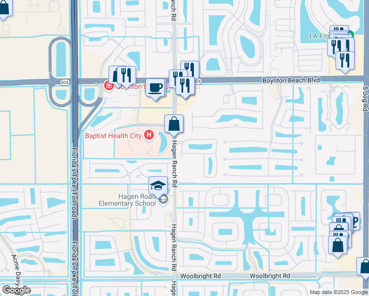 map of restaurants, bars, coffee shops, grocery stores, and more near 7400 Sarentino Lane in Boynton Beach