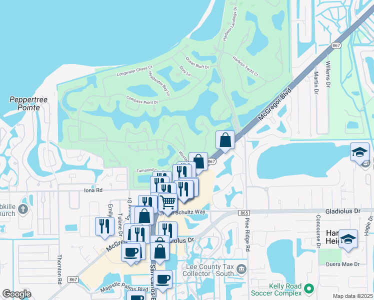 map of restaurants, bars, coffee shops, grocery stores, and more near 14842 Crescent Cove Drive in Fort Myers