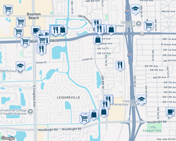 map of restaurants, bars, coffee shops, grocery stores, and more near 117 Southwest 8th Court in Boynton Beach