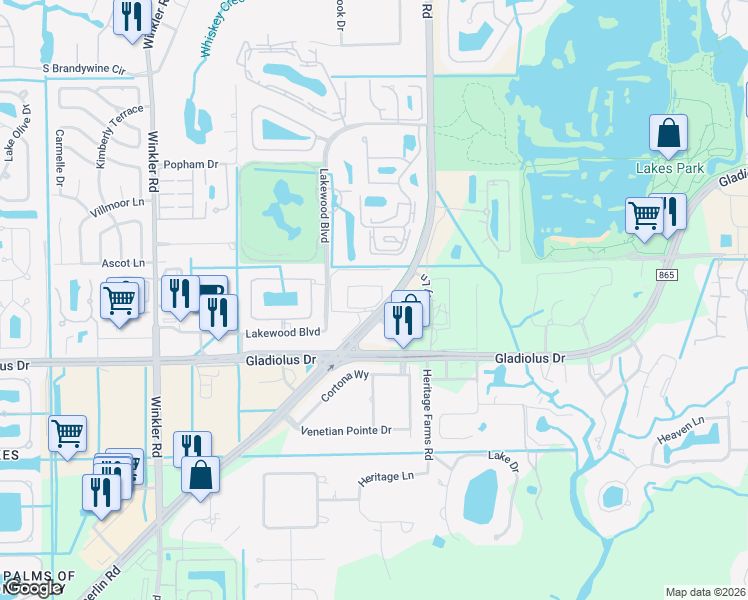 map of restaurants, bars, coffee shops, grocery stores, and more near 8200 Summerlin Village Circle in Fort Myers