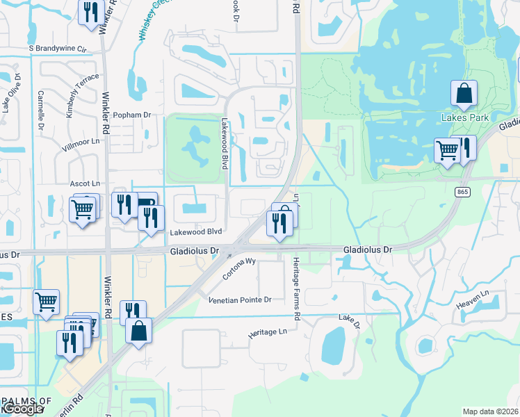 map of restaurants, bars, coffee shops, grocery stores, and more near 8200 Summerlin Village Circle in Fort Myers
