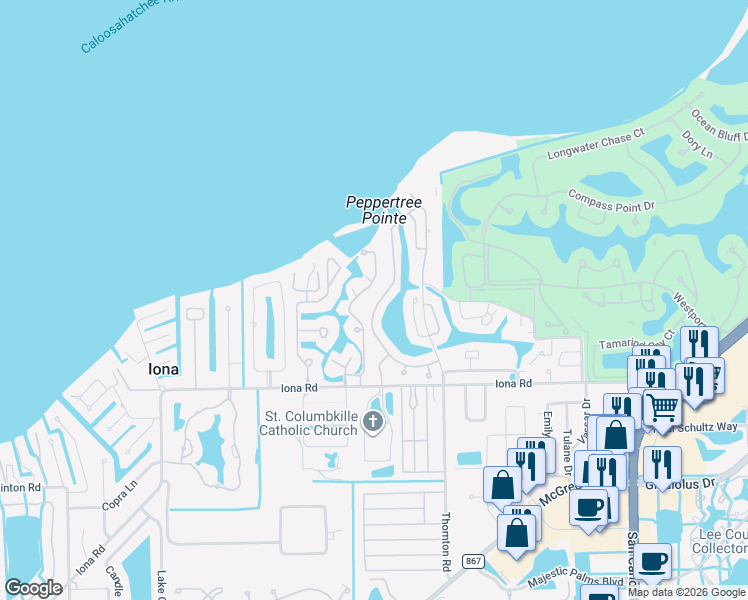 map of restaurants, bars, coffee shops, grocery stores, and more near 15180 Harbour Isle Drive in Fort Myers