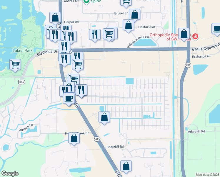 map of restaurants, bars, coffee shops, grocery stores, and more near 62 Jaruco Court in Fort Myers