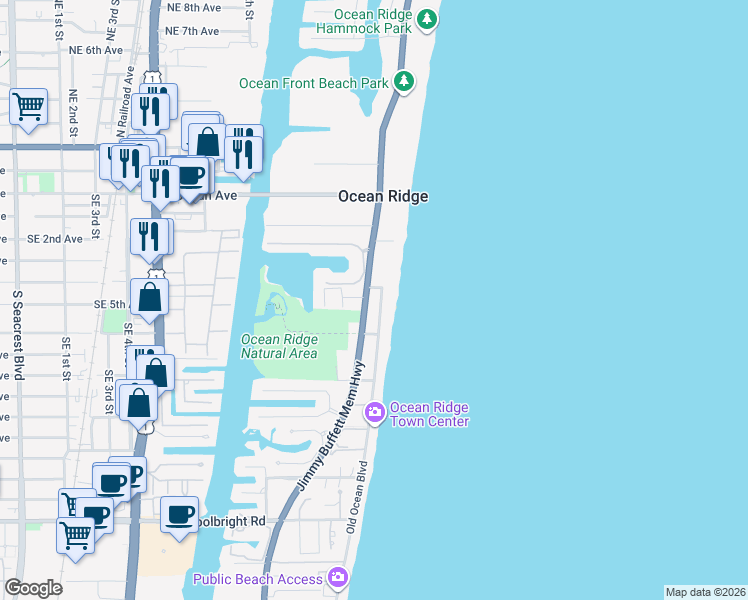 map of restaurants, bars, coffee shops, grocery stores, and more near 6107 North Ocean Boulevard in Ocean Ridge