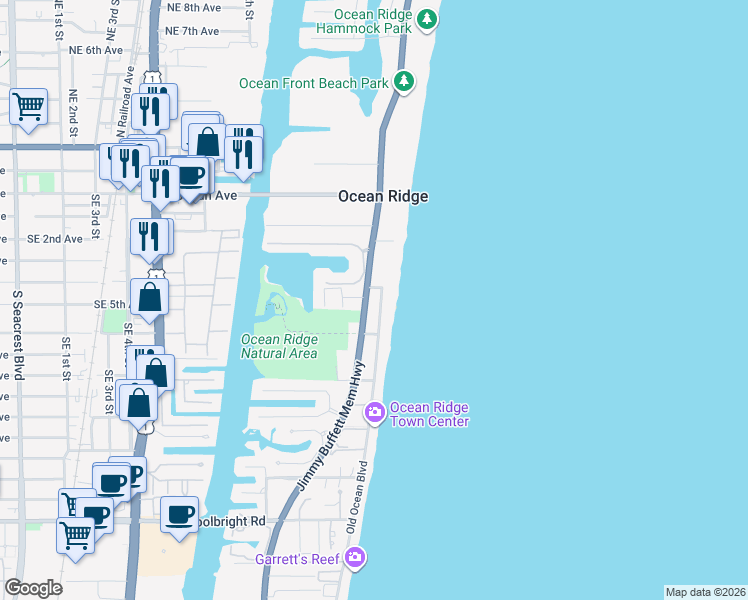 map of restaurants, bars, coffee shops, grocery stores, and more near in Ocean Ridge
