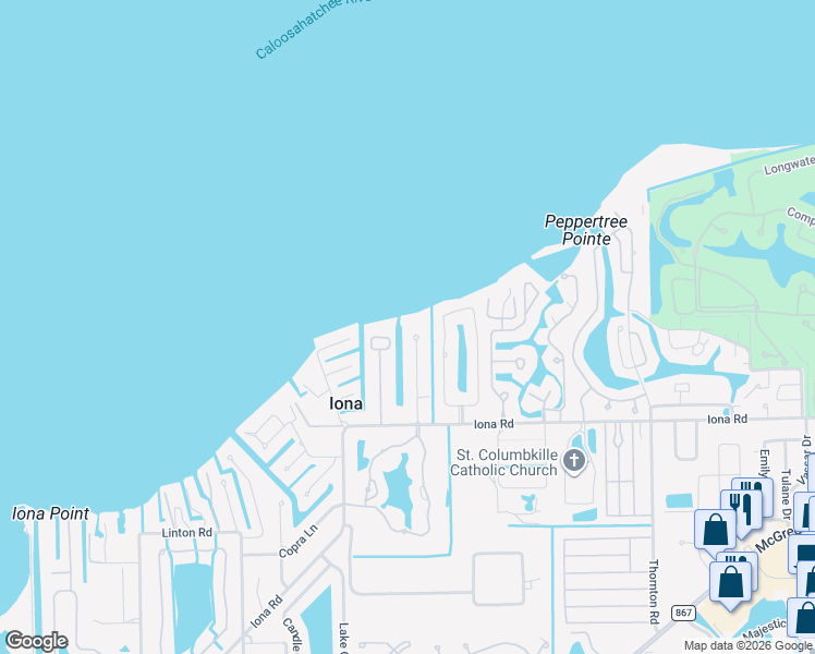 map of restaurants, bars, coffee shops, grocery stores, and more near 15110 Anchorage Way in Fort Myers