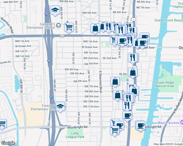 map of restaurants, bars, coffee shops, grocery stores, and more near 532 Southwest 1st Street in Boynton Beach