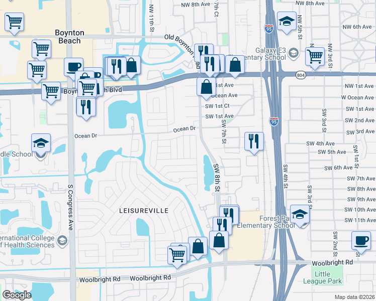 map of restaurants, bars, coffee shops, grocery stores, and more near 117 Southwest 8th Court in Boynton Beach