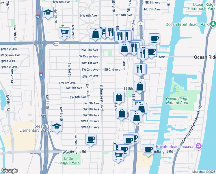 map of restaurants, bars, coffee shops, grocery stores, and more near 121 Southeast 5th Avenue in Boynton Beach