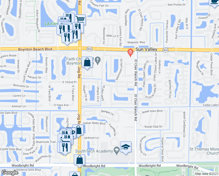 map of restaurants, bars, coffee shops, grocery stores, and more near 10282 Copper Lake Drive in Boynton Beach