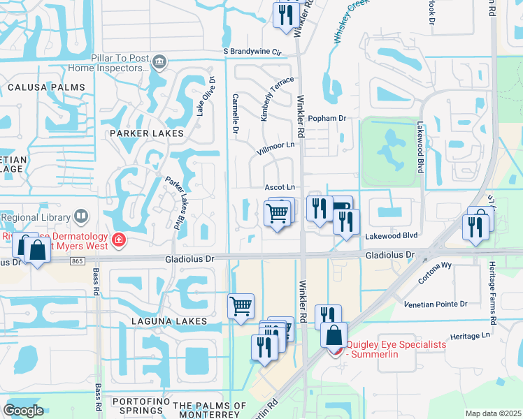 map of restaurants, bars, coffee shops, grocery stores, and more near 15201 Royal Windsor Lane in Fort Myers