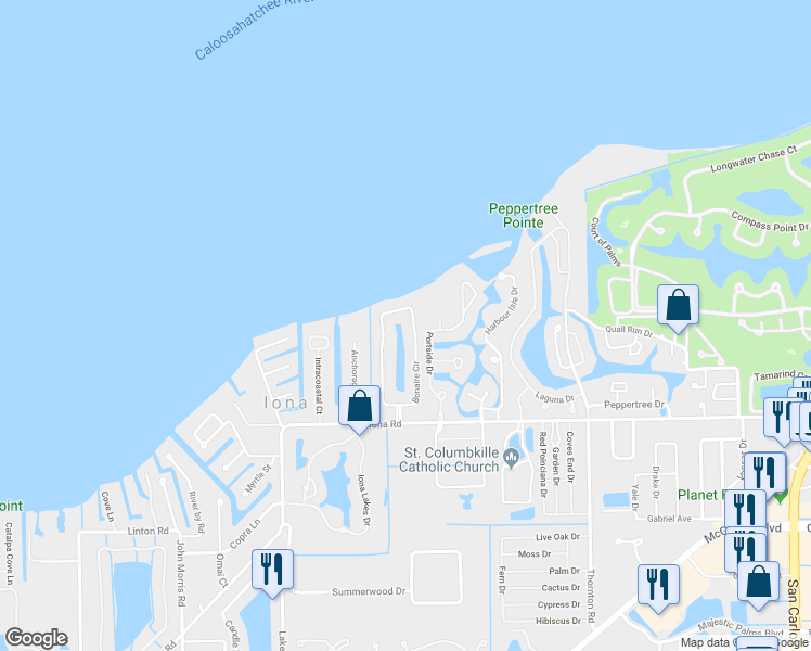 map of restaurants, bars, coffee shops, grocery stores, and more near 14933 Bonaire Circle in Fort Myers