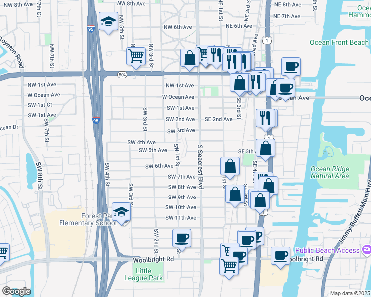 map of restaurants, bars, coffee shops, grocery stores, and more near 532 Southwest 1st Street in Boynton Beach